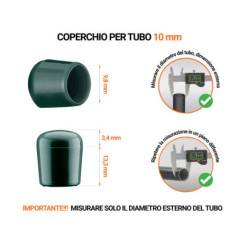 Tappi di chiusura Verde per tubi rotondi con diametro esterno 10 mm, con dimensioni e guida per la corretta misurazione.