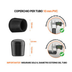 Tappi di chiusura Nero per tubi rotondi con diametro esterno PVC 10 mm, con dimensioni e guida per la corretta misurazione.