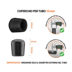 Tappi di chiusura Nero per tubi rotondi con diametro esterno 10 mm, con dimensioni e guida per la corretta misurazione.