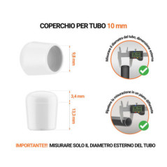 Tappi di chiusura Bianco per tubi rotondi con diametro esterno 10 mm, con dimensioni e guida per la corretta misurazione.