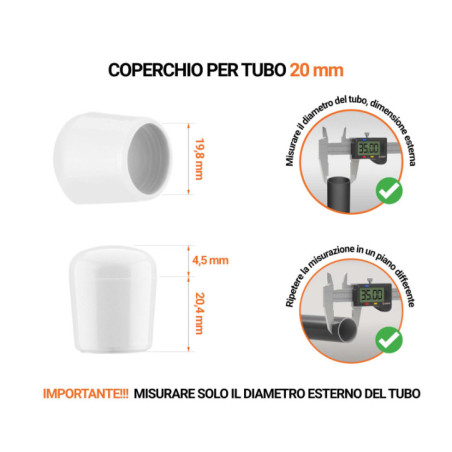 Tappi terminali per tubi rotondi 20 mm Bianco 100 pezzi Tappi di chiusura Bianco per tubi rotondi con diametro esterno 20 mm, con dimensioni e guida per la corretta misurazione.