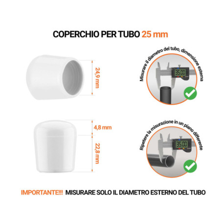 Tappi terminali per tubi rotondi 25 mm Bianco 100 pezzi Tappi di chiusura Bianco per tubi rotondi con diametro esterno 25 mm, con dimensioni e guida per la corretta misurazione.