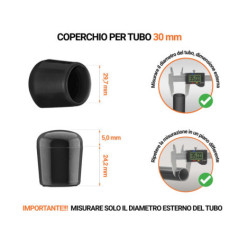 Tappi di chiusura Nero per tubi rotondi con diametro esterno 30 mm, con dimensioni e guida per la corretta misurazione.