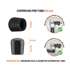 Tappi di chiusura Nero per tubi rotondi con diametro esterno 35 mm, con dimensioni e guida per la corretta misurazione.