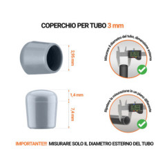 Tappi di chiusura Grigio per tubi rotondi con diametro esterno 3 mm, con dimensioni e guida per la corretta misurazione.