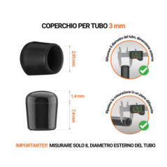 Tappi di chiusura Nero per tubi rotondi con diametro esterno 3 mm, con dimensioni e guida per la corretta misurazione.