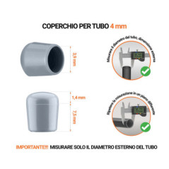 Tappi di chiusura Grigio per tubi rotondi con diametro esterno 4 mm, con dimensioni e guida per la corretta misurazione.