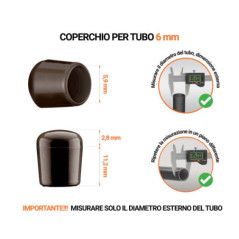 Tappi di chiusura Marrone per tubi rotondi con diametro esterno 6 mm, con dimensioni e guida per la corretta misurazione.