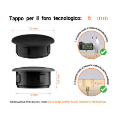 Tappo di plastica Nero per fori da 10x6 mm, Tappi di chiusura, tappo per foro, copricapo per fori del diametro di 10x6 mm, coperture per viti, Tappi di plastica Nero per fori da 10x6 mm, Tabella delle dimensioni tecniche e guida alla misurazione corretta