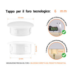 Tappo di plastica Bianco per fori da 10x6 mm, Tappi di chiusura, tappo per foro, copricapo per fori del diametro di 10x6 mm, coperture per viti, Tappi di plastica Bianco per fori da 10x6 mm, Tabella delle dimensioni tecniche e guida alla misurazione corretta