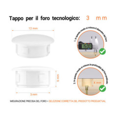 Tappo di plastica Bianco per fori da 12x3 mm, Tappi di chiusura, tappo per foro, copricapo per fori del diametro di 12x3 mm, coperture per viti, Tappi di plastica Bianco per fori da 12x3 mm, Tabella delle dimensioni tecniche e guida alla misurazione corretta