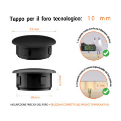 Tappo di plastica Nero per fori da 13x10 mm, Tappi di chiusura, tappo per foro, copricapo per fori del diametro di 13x10 mm, coperture per viti, Tappi di plastica Nero per fori da 13x10 mm, Tabella delle dimensioni tecniche e guida alla misurazione corretta