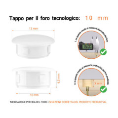 Tappo di plastica Bianco per fori da 13x10 mm, Tappi di chiusura, tappo per foro, copricapo per fori del diametro di 13x10 mm, coperture per viti, Tappi di plastica Bianco per fori da 13x10 mm, Tabella delle dimensioni tecniche e guida alla misurazione corretta