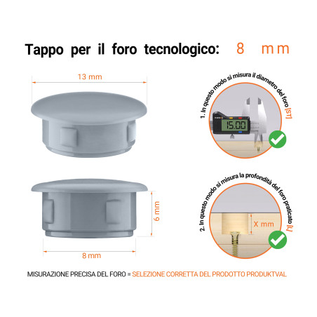 Tappi di plastica per fori da 8 mm Grigio 50 pezzi Tappo di plastica Grigio per fori da 13x8 mm, Tappi di chiusura, tappo per foro, copricapo per fori del diametro di 13x8 mm, coperture per viti, Tappi di plastica Grigio per fori da 13x8 mm, Tabella delle dimensioni tecniche e guida alla misurazione corretta