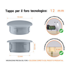 Tappo di plastica Grigio per fori da 15x12 mm, Tappi di chiusura, tappo per foro, copricapo per fori del diametro di 15x12 mm, coperture per viti, Tappi di plastica Grigio per fori da 15x12 mm, Tabella delle dimensioni tecniche e guida alla misurazione corretta