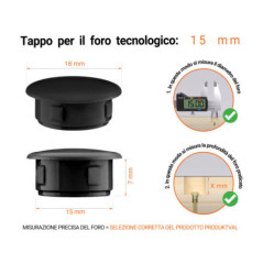 Tappo di plastica Nero per fori da 18x15 mm, Tappi di chiusura, tappo per foro, copricapo per fori del diametro di 18x15 mm, coperture per viti, Tappi di plastica Nero per fori da 18x15 mm, Tabella delle dimensioni tecniche e guida alla misurazione corretta