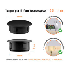 Tappo di plastica Nero per fori da 30x25 mm, Tappi di chiusura, tappo per foro, copricapo per fori del diametro di 30x25 mm, coperture per viti, Tappi di plastica Nero per fori da 30x25 mm, Tabella delle dimensioni tecniche e guida alla misurazione corretta