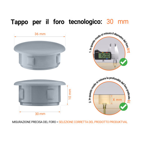 Tappi di plastica per fori da 30 mm Grigio 50 pezzi Tappo di plastica Grigio per fori da 36x30 mm, Tappi di chiusura, tappo per foro, copricapo per fori del diametro di 36x30 mm, coperture per viti, Tappi di plastica Grigio per fori da 36x30 mm, Tabella delle dimensioni tecniche e guida alla misurazione corretta