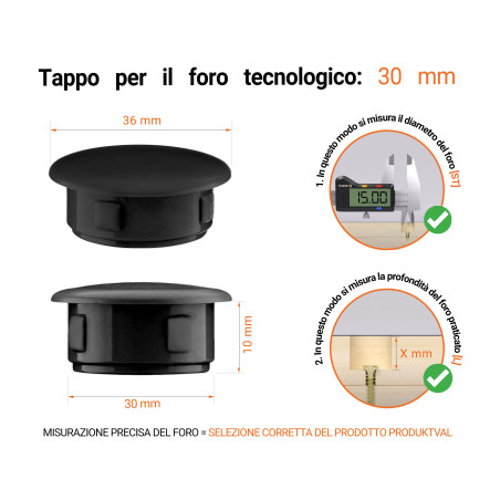 Tappo di plastica Nero per fori da 36x30 mm, Tappi di chiusura, tappo per foro, copricapo per fori del diametro di 36x30 mm, coperture per viti, Tappi di plastica Nero per fori da 36x30 mm, Tabella delle dimensioni tecniche e guida alla misurazione corretta
