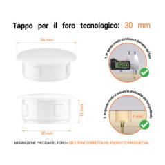 Tappo di plastica Bianco per fori da 36x30 mm, Tappi di chiusura, tappo per foro, copricapo per fori del diametro di 36x30 mm, coperture per viti, Tappi di plastica Bianco per fori da 36x30 mm, Tabella delle dimensioni tecniche e guida alla misurazione corretta