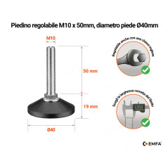 Piedini di livellamento M10 con vite, altezza 50 mm e diametro della base Ø40