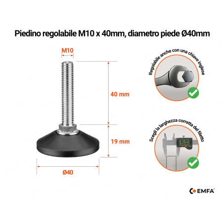 Piedini di livellamento M10 con vite, altezza 40 mm e diametro della base Ø40