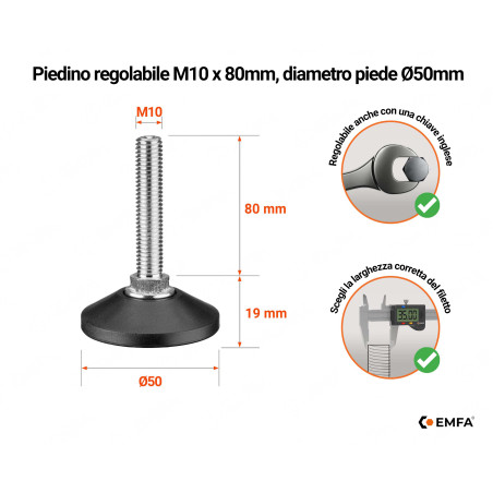 Piedini di livellamento M10 con vite, altezza 80 mm e diametro della base Ø50