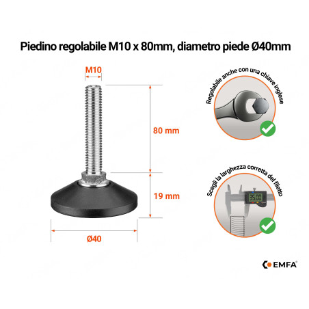 Piedini di livellamento M10 con vite, altezza 80 mm e diametro della base Ø40