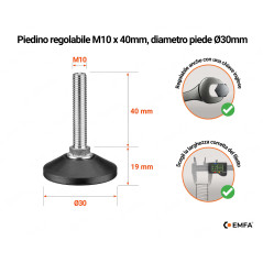 Piedini di livellamento M10 con vite, altezza 40 mm e diametro della base Ø30