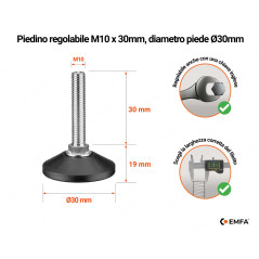 Piedini di livellamento M10 con vite, altezza 30 mm e diametro della base Ø30