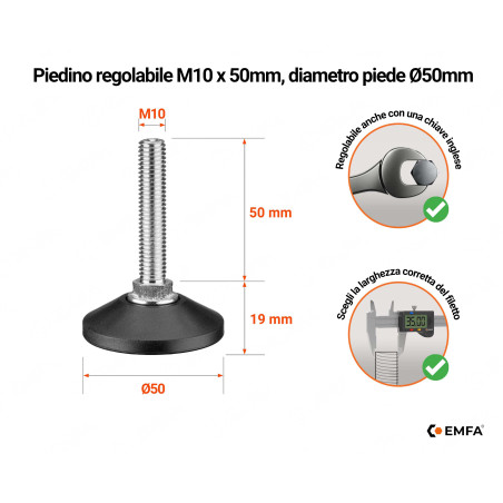 Piedini di livellamento M10 con vite, altezza 50 mm e diametro della base Ø50