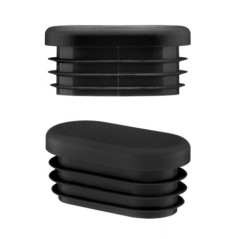 Tappo terminale ovale in plastica 30x15 mm in nero, vista laterale e angolata con 3 lamelle