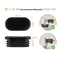  Disegno tecnico: Tappo ovale 30x15 mm con spessore parete 1,5-2,0 mm e istruzioni di misurazione con calibro