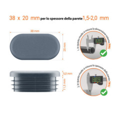  Disegno tecnico: Tappo ovale 38x20 mm con spessore parete 1,5-2,0 mm e istruzioni di misurazione con calibro