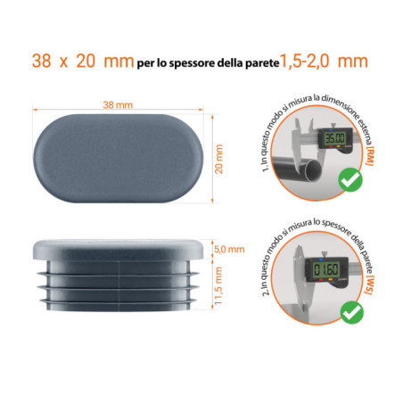  Disegno tecnico: Tappo ovale 38x20 mm con spessore parete 1,5-2,0 mm e istruzioni di misurazione con calibro