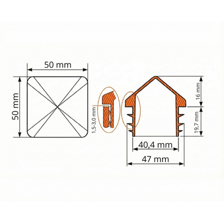 Tappo piramidale per tubi quadri in PE 50x50 EMFA GmbH