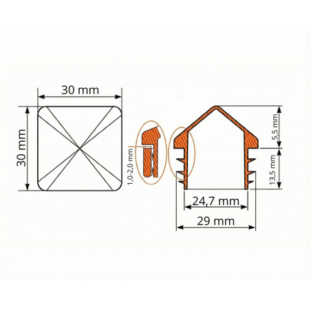 Tappo piramidale per tubi quadri in PE 30x30 EMFA GmbH