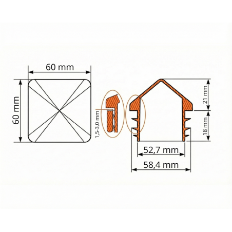 Tappo piramidale per tubi quadri in PE 60x60 EMFA GmbH