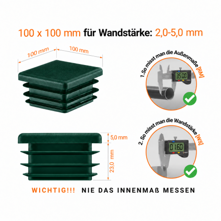 Tappo quadrato con lamelle 100x100 mm Verde Tappi di chiusura quadrati per sezione scatolare in acciaio 100x100 mm. Tappi quadrati colore Verde per tubi, tappi in plast