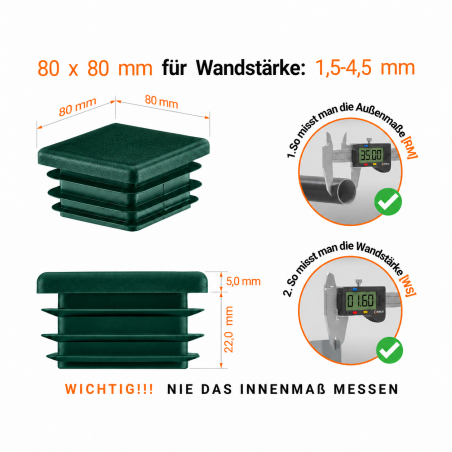 Tappo quadrato con lamelle 80x80 mm Verde Tappi di chiusura quadrati per sezione scatolare in acciaio 80x80 mm. Tappi quadrati colore Verde per tubi, tappi in plastic