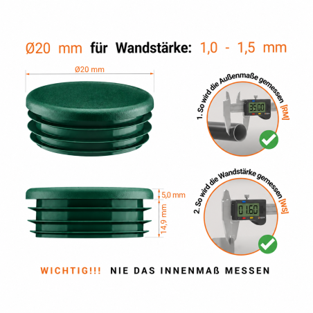 Tappi con lamelle rotondi 20 mm Verde Tappo in plastica Verde per tubo rotondo da 20 mm. Tappi di chiusura in plastica per tubi, inserti per tubi rotondi, tappi di ch