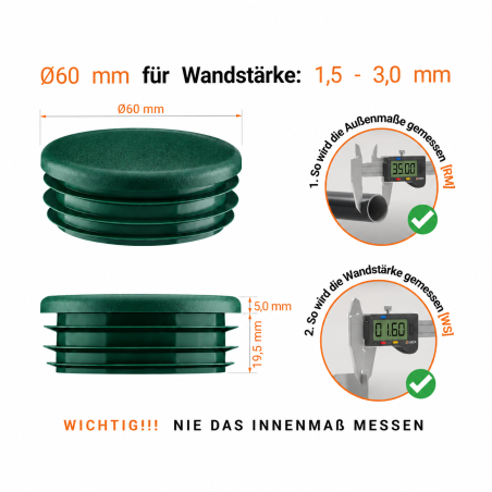 Tappi con lamelle rotondi 60 mm Verde Tappo in plastica Verde per tubo rotondo da 60 mm. Tappi di chiusura in plastica per tubi, inserti per tubi rotondi, tappi d