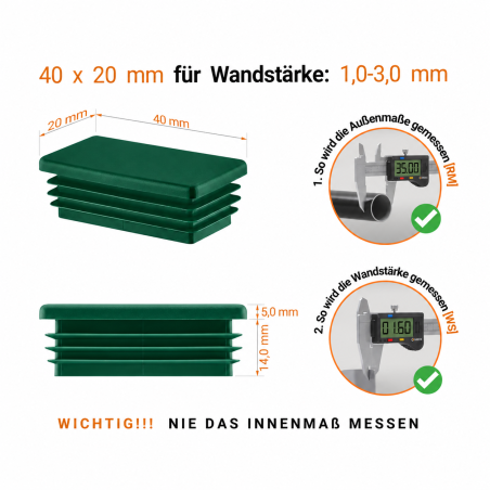 Tappi con lamelle rettangolari 20x40 mm Verde Tappi di chiusura rettangolari per sezione scatolare in acciaio 20x40 mm. Tappi rettangolari colore Verde per tubi, tappi in