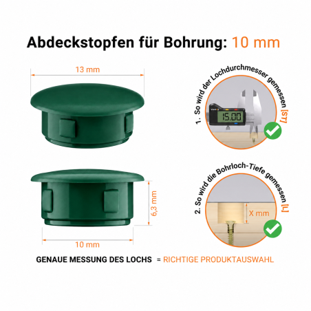 Tappo di plastica colore Verde, 13x10 mm - Garanzia di 10 anni!
