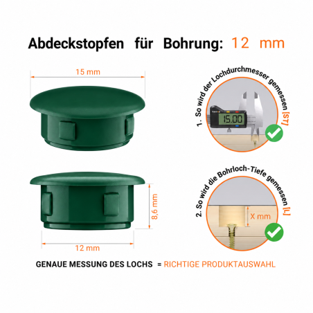 Tappo di plastica colore Verde, 15x12 mm - Garanzia di 10 anni!