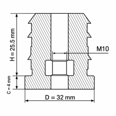 Tappo filettato per tubi tondi con inserto metallico 32 mm M10 Nero