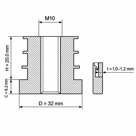 Inserto filettato per tubi tondi in PA 32 mm M10 boccola filettata per tubo 32 EMFA GmbH