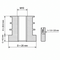 Inserto filettato per tubi tondi in PA 25 mm M10 Nero