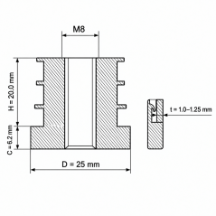 Inserto filettato per tubi tondi in PA 25 mm M8 Nero