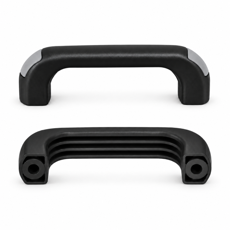 Maniglia ad arco con fori passanti e cappucci a filo 120 mm - d 6,5 mm - maniglia nera - cappucci Grigio Maniglia ad arco con fori passanti e cappucci a filo 120 mm - d 6,5 mm - maniglia nera - cappucci Grigio